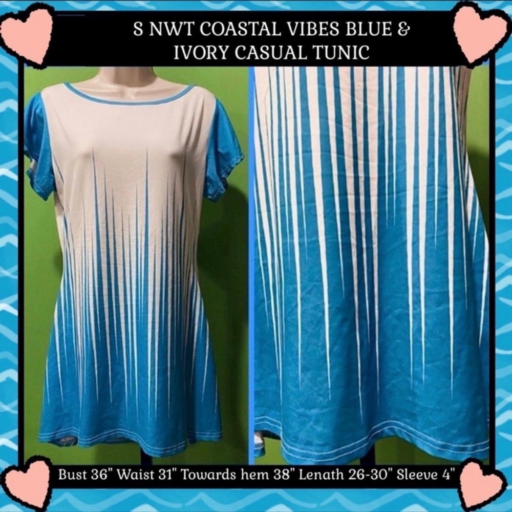 LILY BY FIRMIANA  S NWT BLUE& IVORY TUNIC ARTSY COASTAL WHIMSICAL ABSTRACT PRINT
